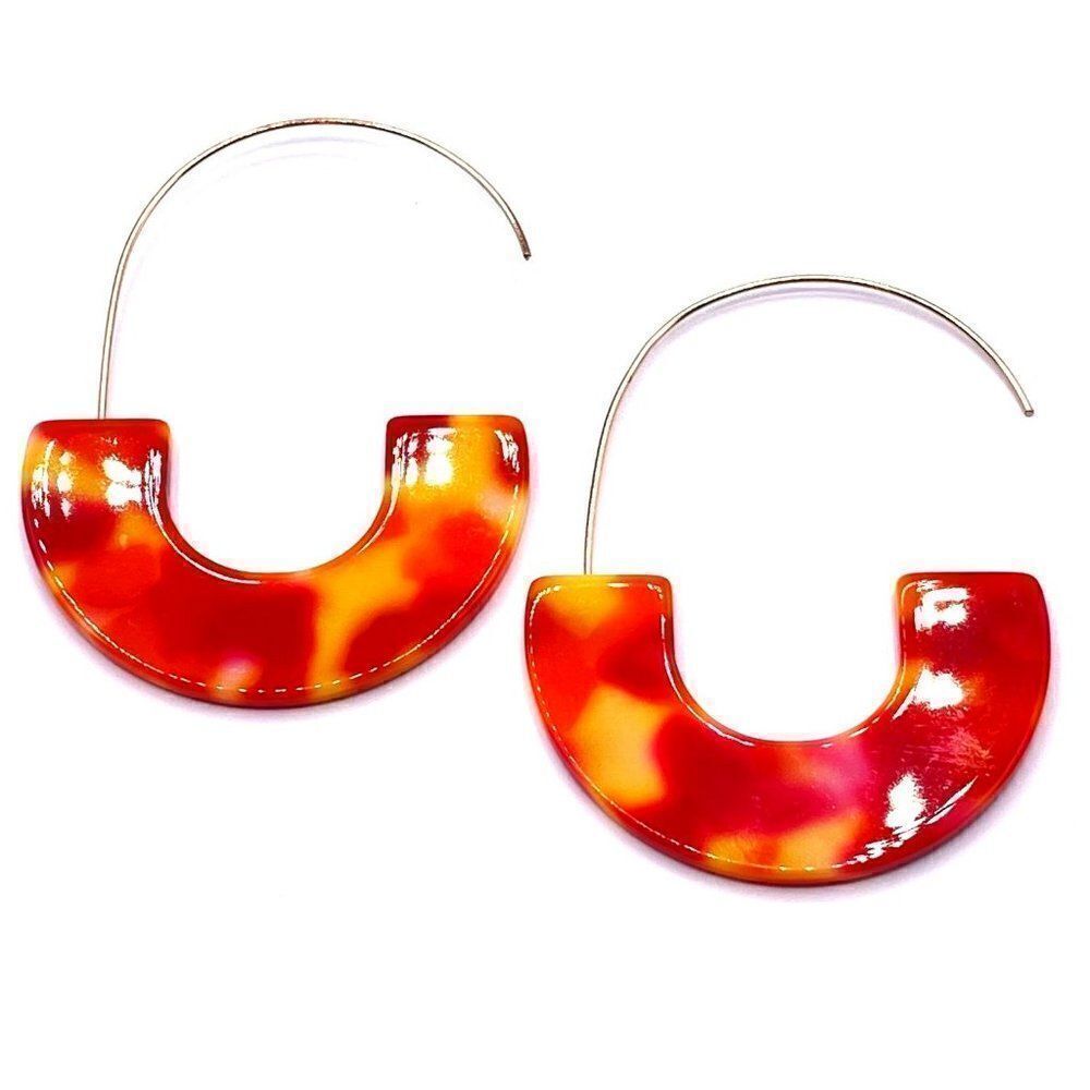 Red and Orange C Shaped Tortoise Shell Acrylic Yellow Gold Hoop Earrings